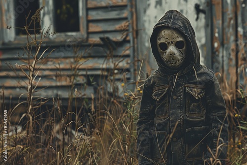 A child in a creepy mask stands near a dilapidated wooden house, creating a spooky and unsettling scene reminiscent of Halloween. Retro-style illustration for covers, cards, or postcards.