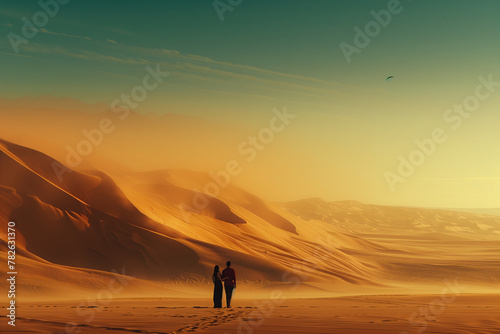 A couple standing in the desert with a bird flying in the background