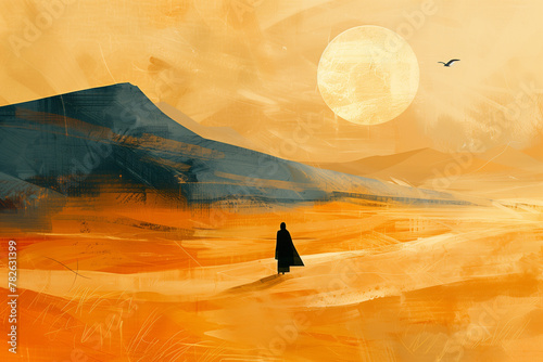 A man is walking in a desert with a large sun in the background