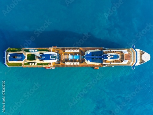 Luxury cruise ship. Aerial view beautiful large cruise ship at sea, Big blue passenger cruise liner. Summer vacation, travel, adventure, hot tour. 