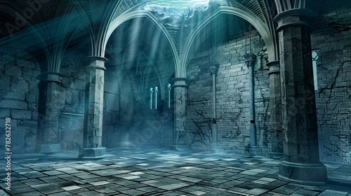Dark gothic church interior with arched stone corridor bathed in moonlight