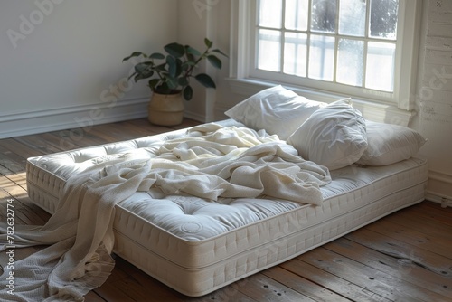 A mattress with pillows and a blanket on the floor in an empty room. Concept of moving and an empty apartment. © Uliana