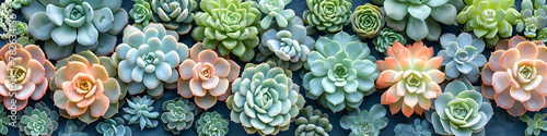 Various type of succulent cactus plants on blue background. Colorful miniature plants pattern.  Botanic garden. Love nature, home plant concept. Flat lay, top view photo
