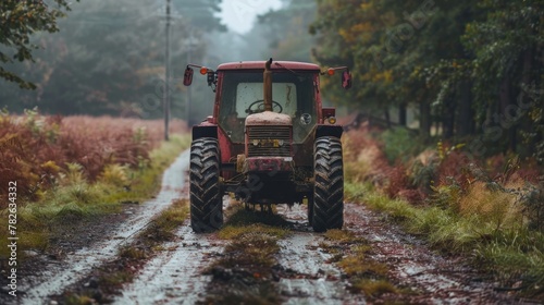 An old tractor on a rural unpaved road.  photo