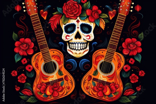 A beautiful illustration dedicated to the Mexican holiday of May 5th Cinco De Mayo. template with traditional symbols: painted skull, Mexican guitar, flowers, red pepper, on a black background