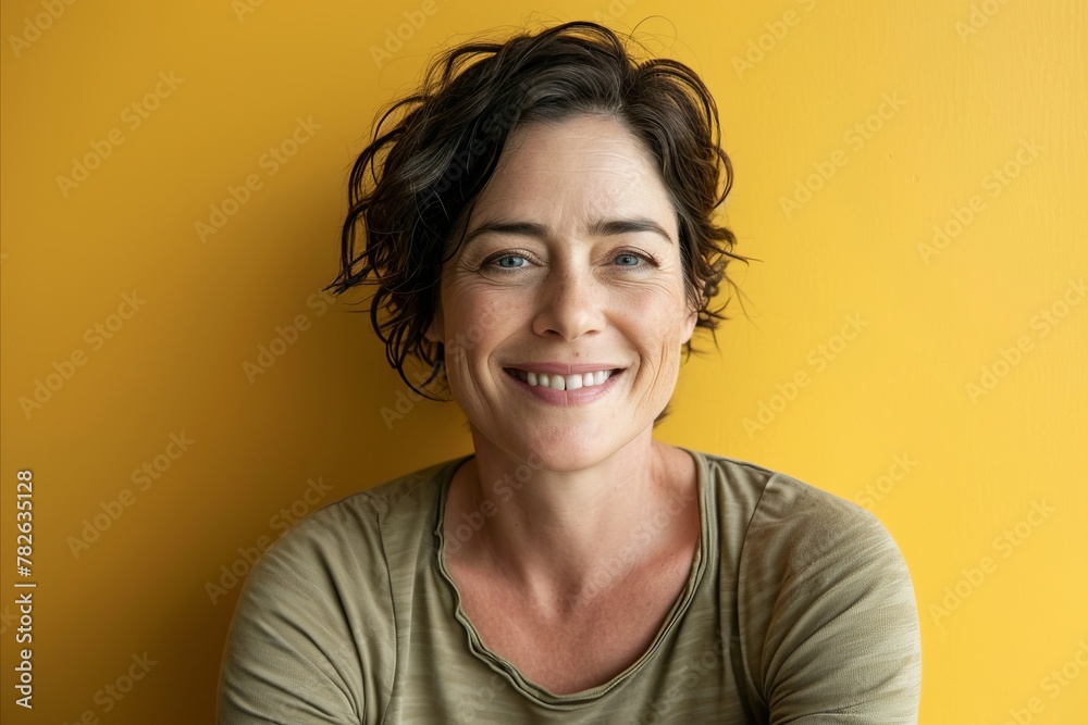 Portrait of a smiling middle-aged woman on a yellow background Portrait of a smiling middle-aged woman on a yellow background