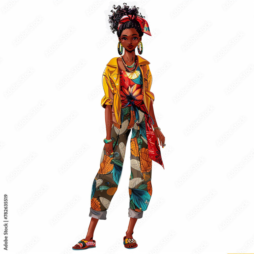 Fashion illustration. Young black woman in fashionable colorful outfit on white background. Isolated.  Fashion drawing, 