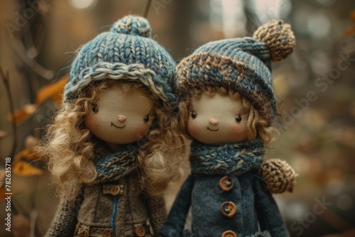 Handcrafted woolen dolls of a boy and girl amidst a forest setting, evoking a fairytale ambiance. Ideal for cover art, postcards, interior design, brochures, or advertising.