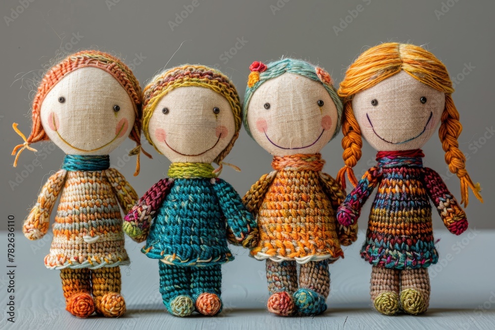 Composition of four smiling dolls holding hands and symbolizing a family. The toys are made by winding threads. Handmade. The concept of equality, unity and friendship. Illustration for varied design.