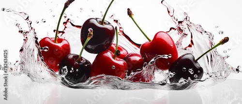 shiny black cherries, red, liquid splash, photo realistic, white background