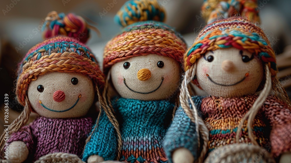Composition of four smiling dolls holding hands and symbolizing a family. The toys are made by winding threads. Handmade. The concept of equality, unity and friendship. Illustration for varied design.