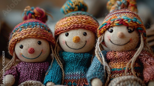 Composition of four smiling dolls holding hands and symbolizing a family. The toys are made by winding threads. Handmade. The concept of equality, unity and friendship. Illustration for varied design.