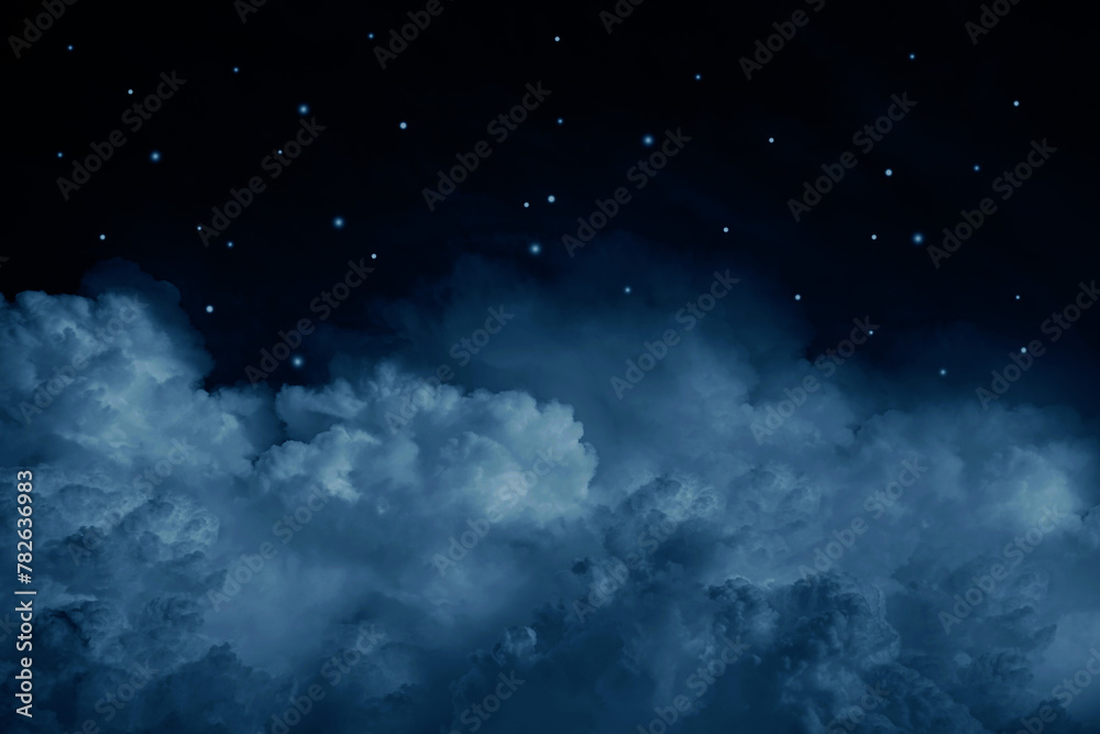 Obraz premium Black dark blue white starry cloudy night sky background. Above the clouds. Moonlight. The sparkle of twinkling stars. Outer space universe infinity cosmos. Design. Dream. Christmas. Product. Stage.