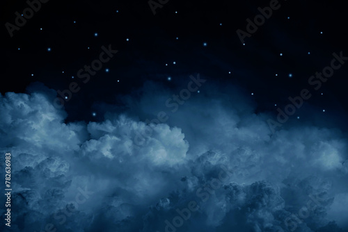 Black dark blue white starry cloudy night sky background. Above the clouds. Moonlight. The sparkle of twinkling stars. Outer space universe infinity cosmos. Design. Dream. Christmas. Product. Stage. © Наталья Босяк