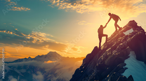 two hikers helping each other climbing a mountain at sunset, Hiker helping friend reach the mountain top , active sport concept,demonstrating strength and determination, concept of supportive friend   photo