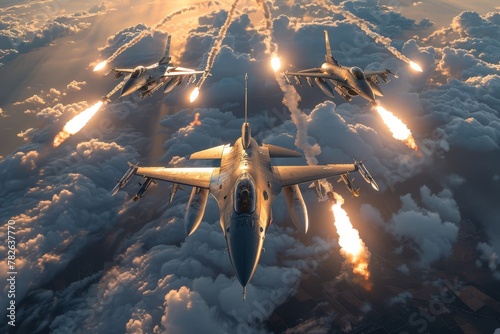 Many missiles and fighter jets flying in the sky. Modern warfare, aerial attack.  photo