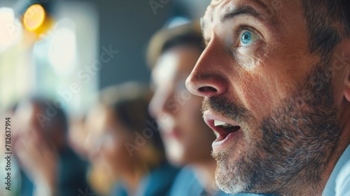 A closeup of a mans face as he excitedly speaks to a crowd of interested buyers during an Open House event highlighting his skills as an expert in the field. . photo