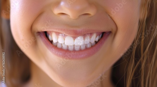 A young girl grins widely showing off her gleaming white teeth and dimpled . . photo
