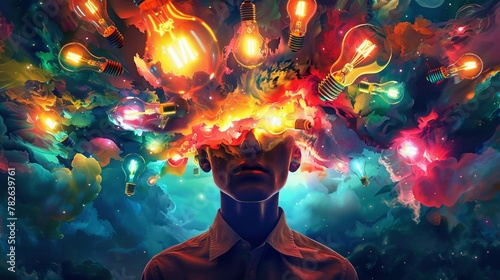 A burst of lightbulbs over a thinkers head, in a colorful explosion of creativity and inspiration photo
