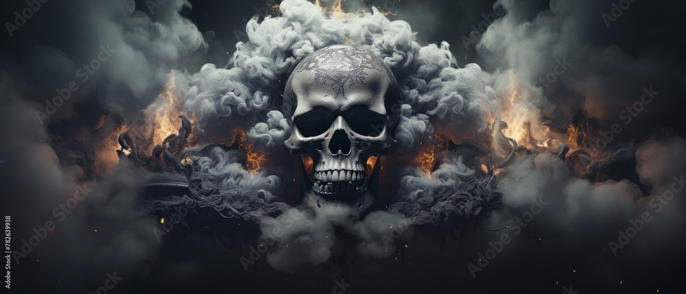 white smoke trails forming a skull, dark imagery, black background
