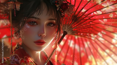 Beautiful girl with Chinese or Japanese style red umbrella