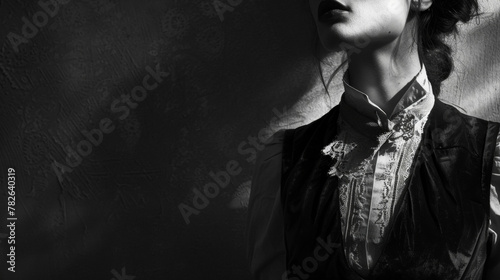 The contours of a womans face are shrouded in shadow adding a mysterious quality to the portrait. Her outfit is a mix of different textures with a lace blouse leather waistcoat and . photo