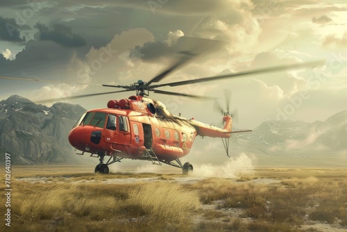 Rescue helicopter landing in remote area