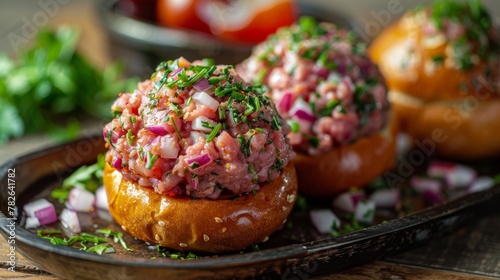 The German dish Mettbrötchen. Raw meat with onions on bread. Concept of German cuisine.