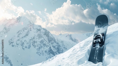 Blank mockup of a snowboard leaning against a snowy mountain waiting for a ride down. . photo