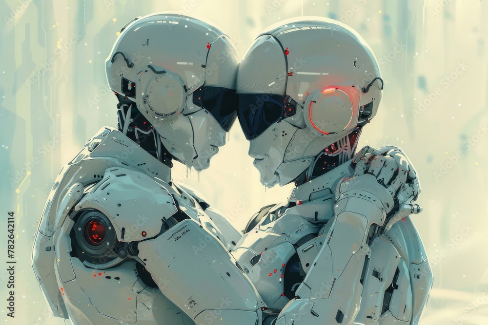Two robots express their love through a warm embrace, symbolizing support, mutual understanding, and affection. Two robots express their love through a warm embrace, symbolizing support, mutual understanding, and affection.