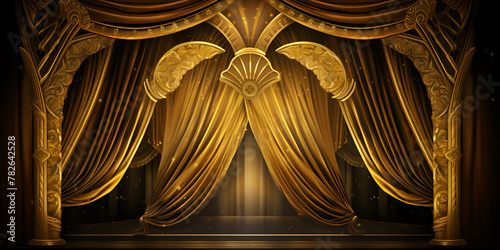 An elegant and glamorous stage setting Golden gold theatre curtains cinema stage concert show event background.
