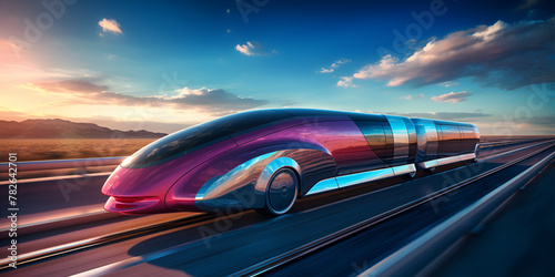 The new concept of futuristic train on the track against blue cloudy sky background.