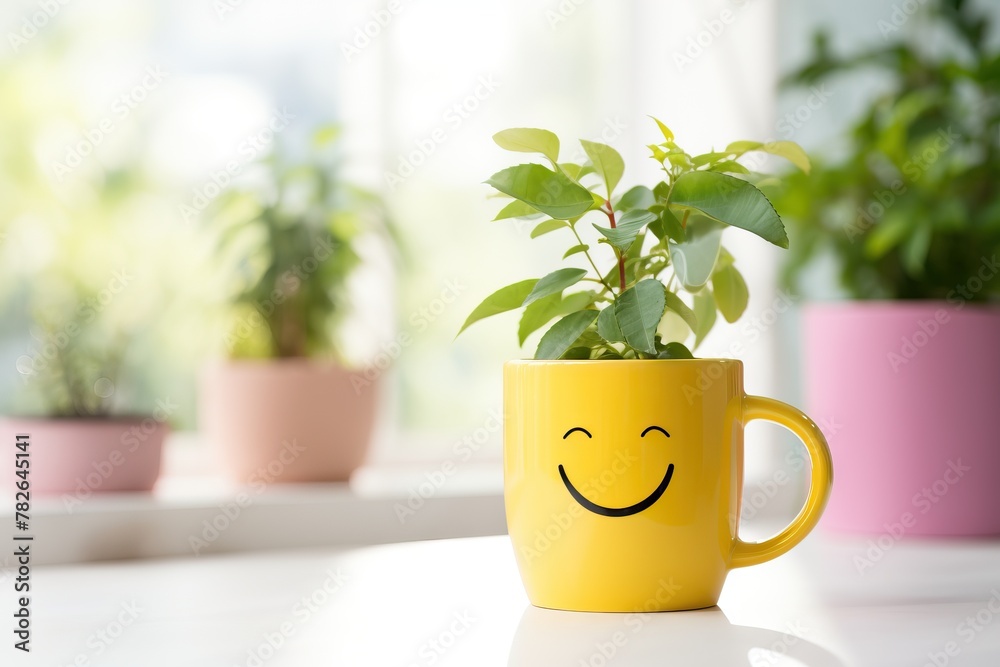 Small plant in cute funny pot with smiling face on blurred background with copy space. Potted house plant. Cozy decor. Home gardening concept Small plant in cute funny pot with smiling face on blurred background with copy space. Potted house plant. Cozy decor. Home gardening concept