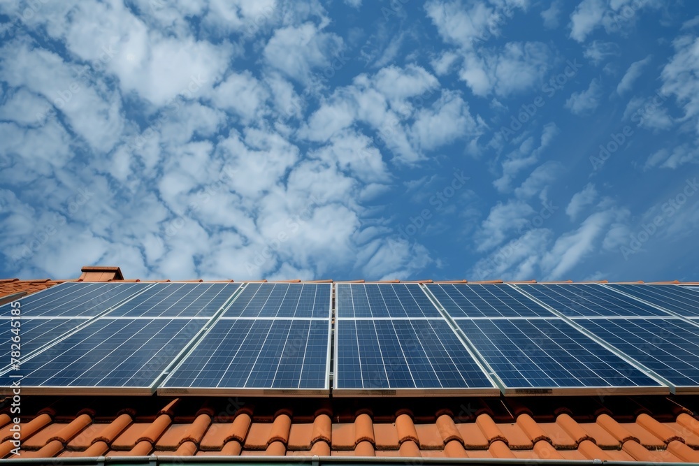 Roof-mounted solar panels with blue sky and clouds in the background Roof-mounted solar panels with blue sky and clouds in the background