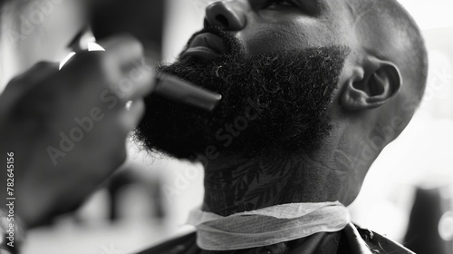 Amidst the aromatic scents of hair products and the gentle hum of clippers a multicultural barber carefully trims a customers beard. He takes great pride in not only perfecting the .