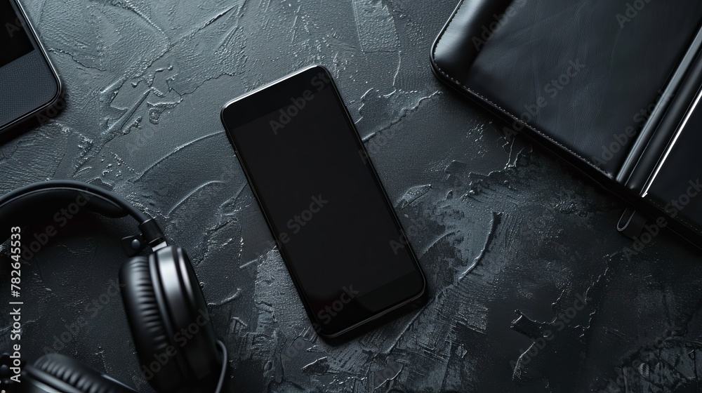 black smartphone with bluetooth headphone on black table - obrazy, fototapety, plakaty 