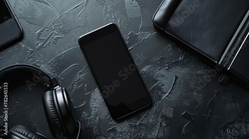 black smartphone with bluetooth headphone on black table photo