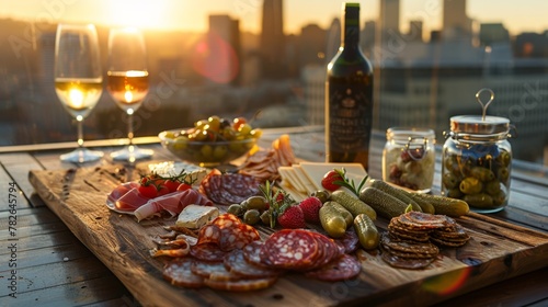 On a rooftop overlooking a city skyline at sunset. The board holds an assortment of gourmet cheeses, cured meats, and a selection of homemade fermented vegetables in elegant glass jars. 