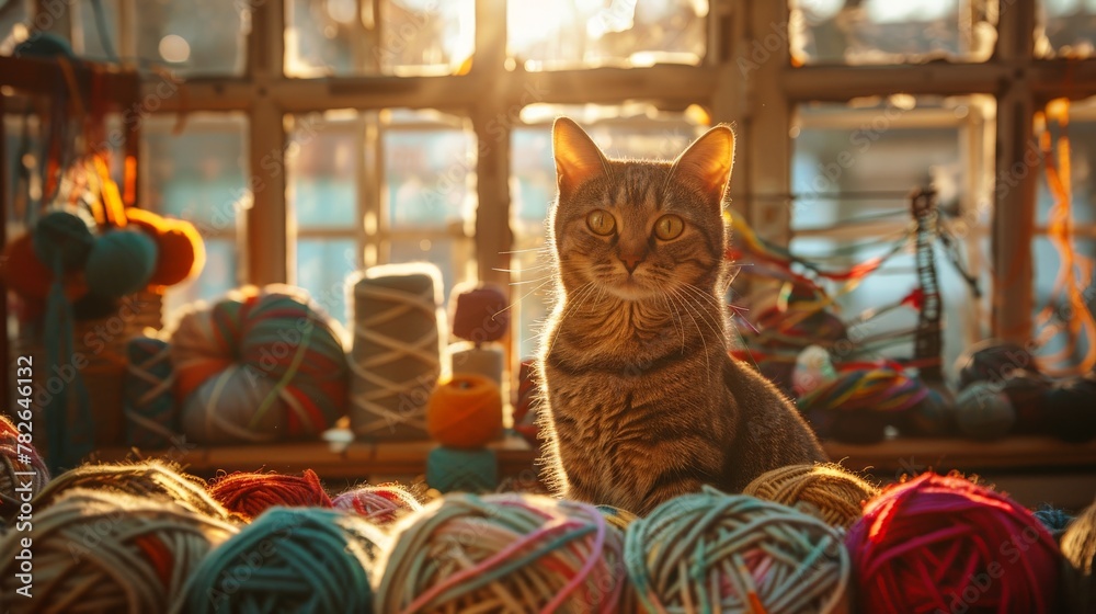 A curious tabby cat perches atop a crafting table, surrounded by a vibrant array of yarn, its inquisitive gaze captured in the golden glow of sunlight