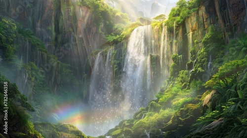 A dynamic image of a waterfall cascading down a moss-covered cliff after a heavy rain. The air is filled with mist  and the sunlight creates a rainbow in the spray. 