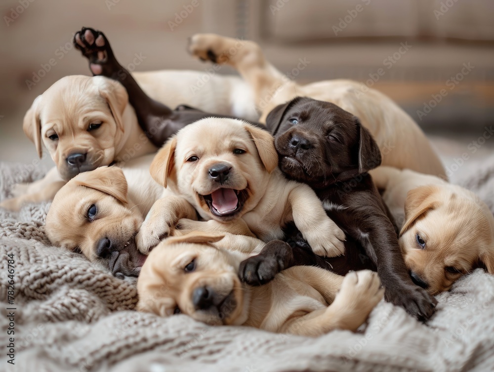 Group of Labrador puppies tumbling over one another in a playful wrestling match on a soft blanket