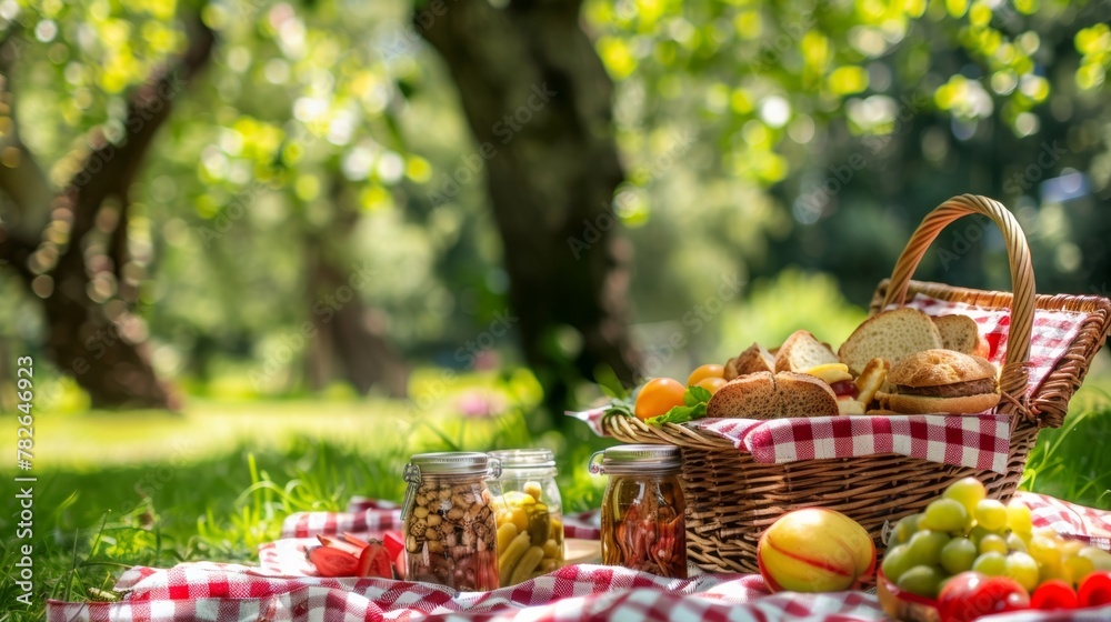 A picnic scene with a wicker basket overflowing with delicious treats.Alongside sandwiches and fruit, several glass jars containing homemade pickled vegetables peek out. A picnic scene with a wicker basket overflowing with delicious treats.Alongside sandwiches and fruit, several glass jars containing homemade pickled vegetables peek out.