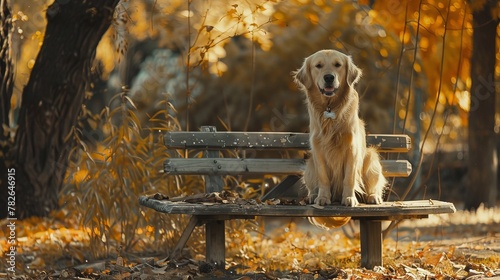 A golden retriever sitting obediently beside a rustic wooden bench in a tranquil autumn park, its attentive gaze fixed on its owner photo