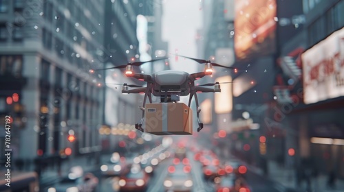 Drone camera mounted on a copter captures a bustling city street below, filled with cars, pedestrians, and tall buildings. The drone moves swiftly above the urban landscape, showcasing the busy daily photo