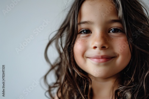 Portrait of a beautiful little girl with long hair on a gray background