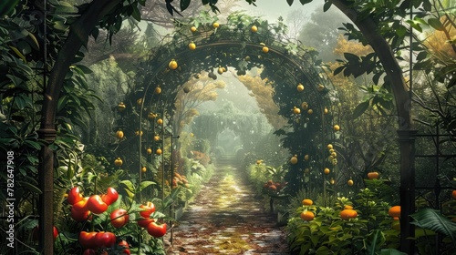 Secret garden gate opening to a world where vegetables grow as large as trees #782647908