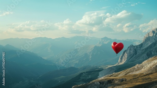 A vibrant red heart shaped balloon gracefully glides through the sky above a majestic mountain range, adding a pop of color to the serene landscape.