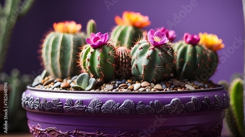 A group of colorful cactus in a purple pot captured in realistic photography inspired by botanical photography portfolios, showcasing the vibrant hues of the cacti against the contrasting purple pot,  photo