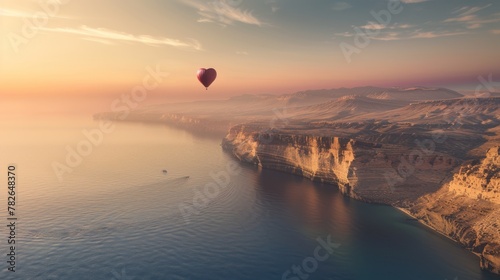 A hot air balloon is seen gliding over a vast body of water, with its colorful and vibrant design standing out against the blue sky. The balloon casts a reflection on the calm waters below as it
