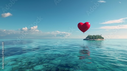 A red heart-shaped balloon drifts gracefully above the vast ocean, standing out against the backdrop of the sea.